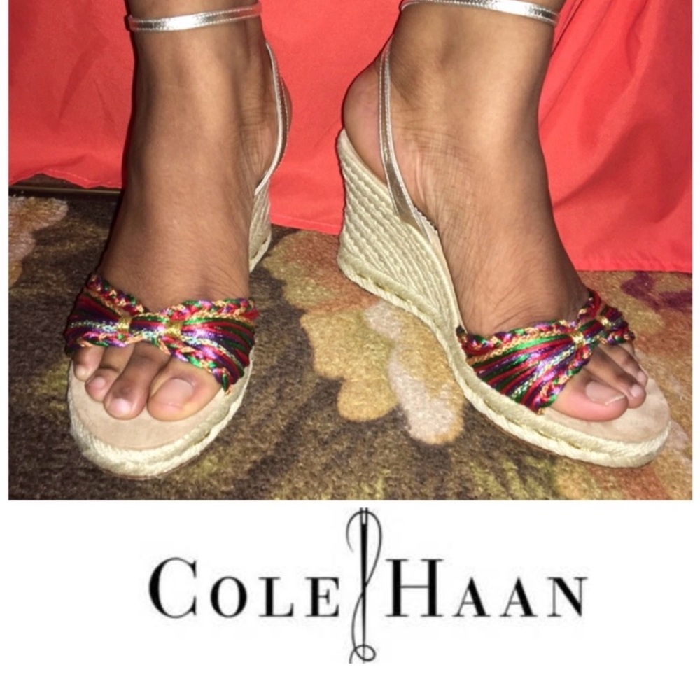 Cole Haan Multicolor Braided Espadrille Wedge Sandals with Silver Ankle Strap